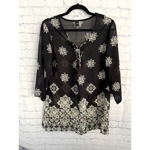 ANA A New Approach Black Sheer Medallion Print Lace Up V-Neck Tunic Top Small
